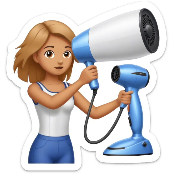 Girl using hair dryer to dry sail of boat sticker