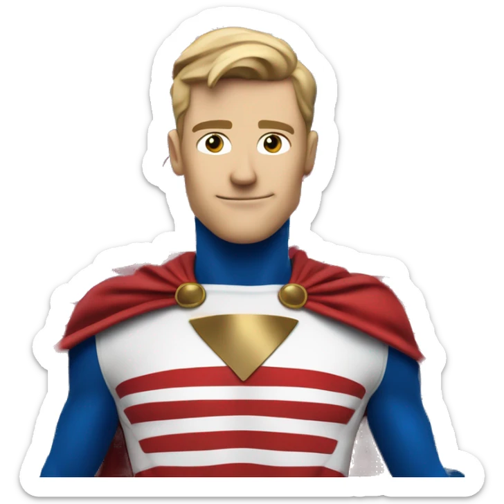 Emoji of Homelander from ‘The Boys’ series. USA flag-inspired costume with cape (red, blue, white). Confident, slightly menacing expression. sticker
