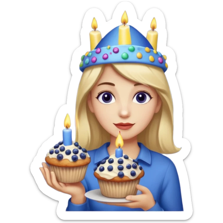 Blueberry Muffin celebrating birthday. Make sure it actually looks like a muffin with candles. Somebody holding it with party hat  sticker