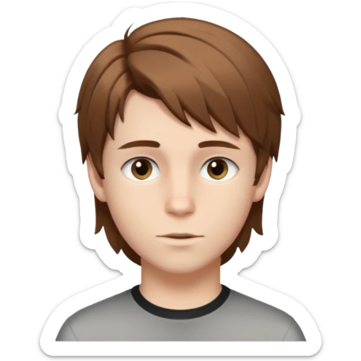 A young white boy with brown hair and eyes, with slightly long, straight and disheveled hair with wolfcut haircut, Make it look aesthetic, it's a trans boy sticker
