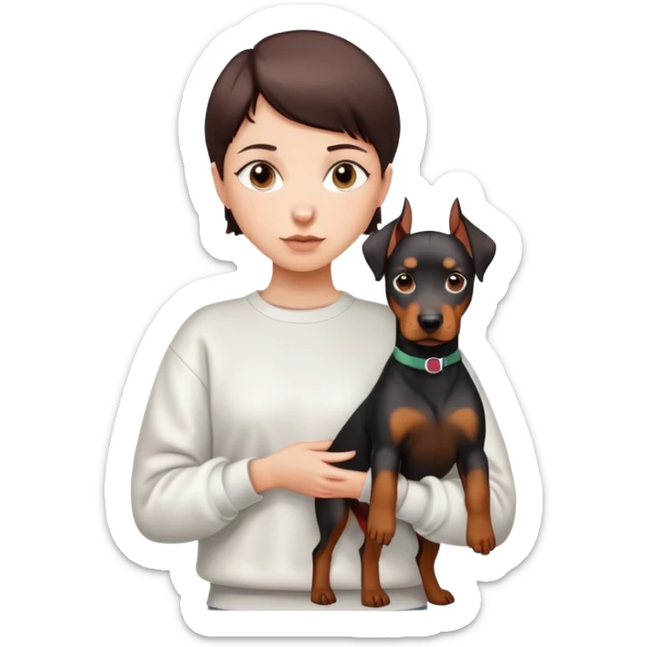 A short-haired girl in a white sweatshirt is holding a big Doberman dog sticker