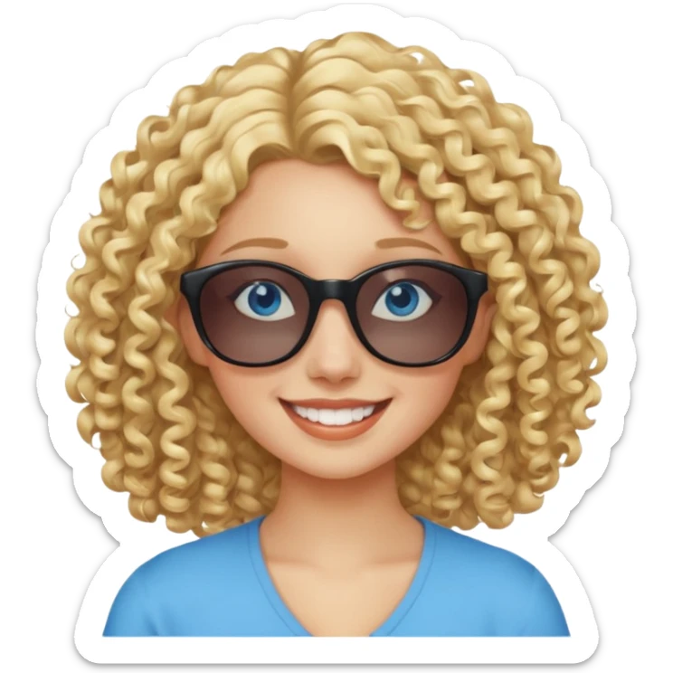 blonde girl in sunglasses smiling, blue eyes, curly hair sticker
