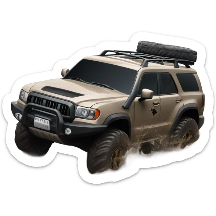 An off-road SUV facing a road full of mud and rocks, with big tires and mud splashing around, showing resistance and adaptability. sticker