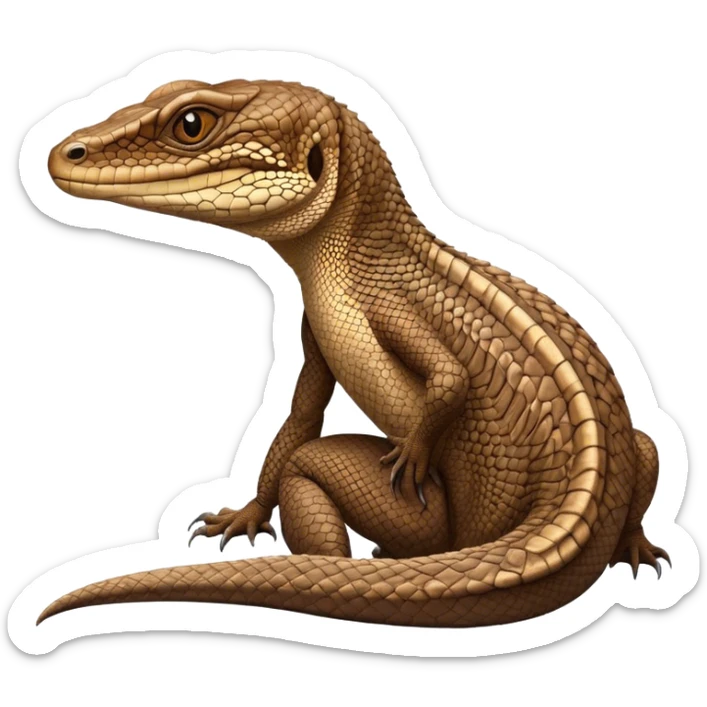 Cinematic Noble brown monitor Lizard Portrait Emoji, Poised and regal, with a robust, scaled body exhibiting striking, mottled patterns and piercing, alert eyes, Simplified yet sharp and sophisticated features, highly detailed, glowing with a soft, earthy glow, high shine, intelligent and formidable, stylized with an air of ancient wilderness, focused and commanding, soft glowing outline, capturing the essence of a watchful and confident reptilian guardian that appears ready to stride out of the screen with effortless authority! sticker