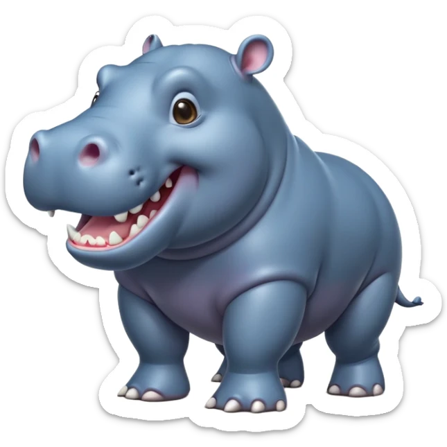cinematic-hippo-realistic-full-body-side-view-standing-on-all-fours-emoji,-massive-round-frame,-wide-mouthed-grin-exposing-huge-teeth,-head-tilted-dramatically,-thick-greyish blue-hide-glossy, big cute eyes sticker