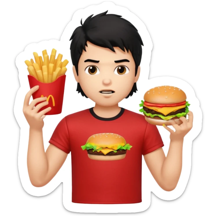 generate a pretty fair bratz boy with a messy mullet (black hair), wearing a red tshirt. eating a burger and fries, big biceps sticker