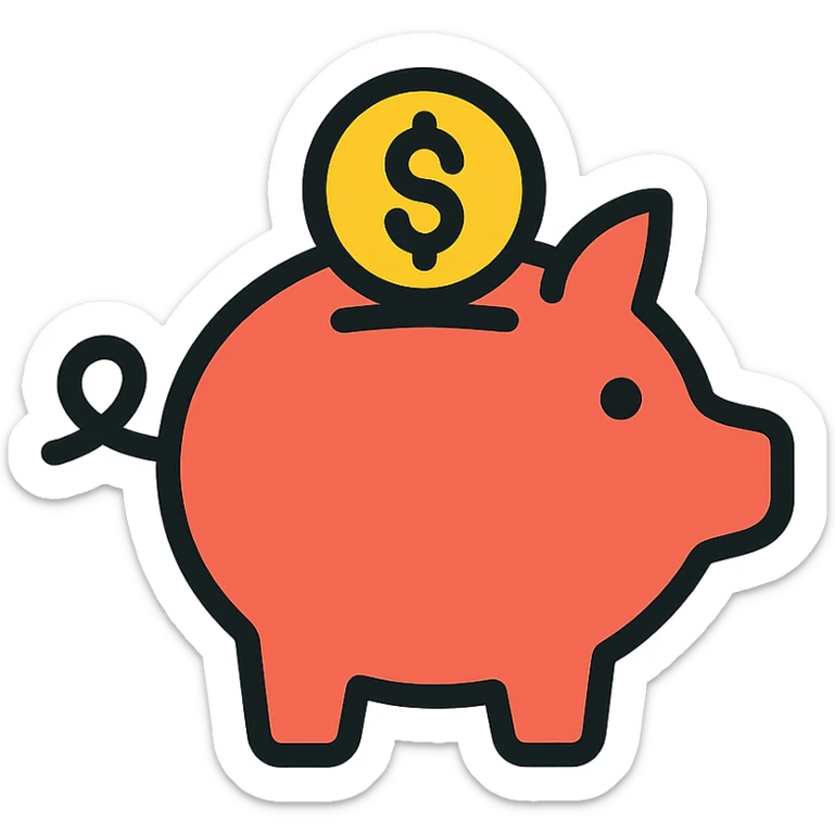 color outline icon style piggy bank with a coin sticker