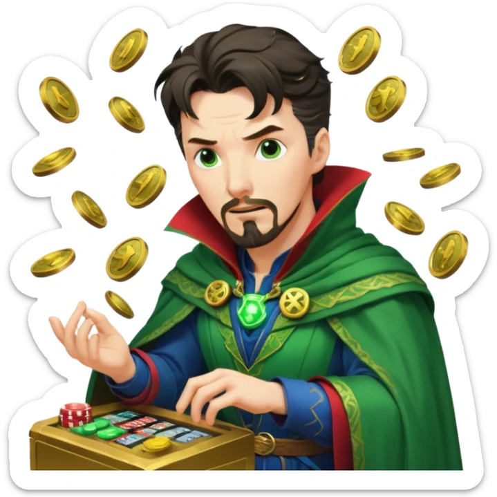 disheveled Doctor Strange losing money at a slot machine, panicked face, coins flying sticker
