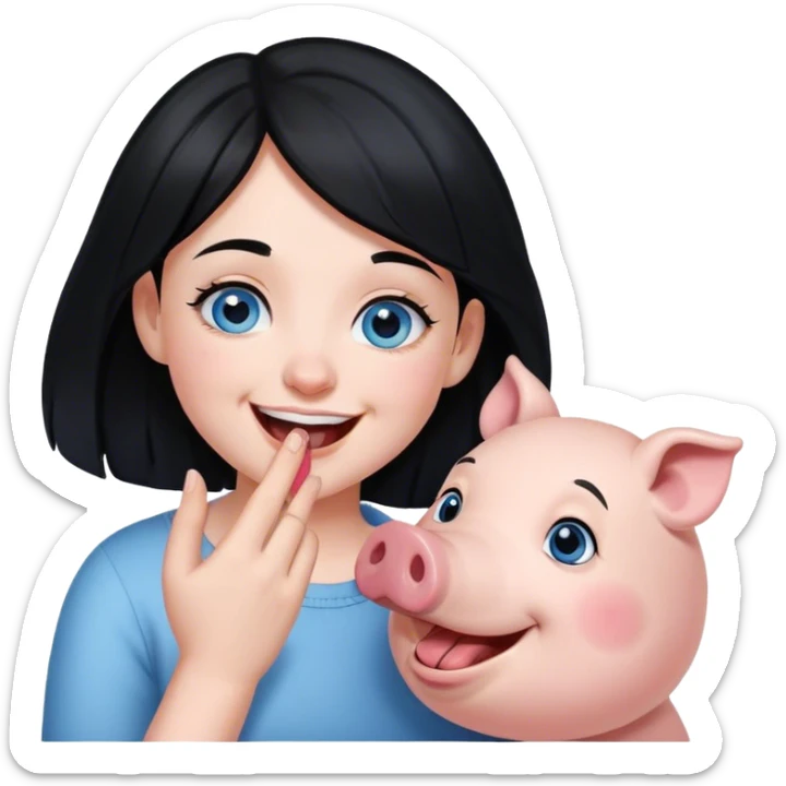  girl with blue eyes and black hair laughing at her pig trying to kiss her  sticker