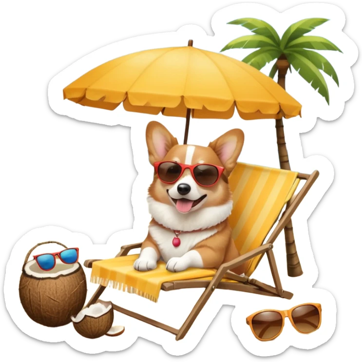 a corgi dog laied on a beach chair, a sunny beach, a sun umbrella, and beach coconut trees. the icon should capture the essence of a relaxing beach vacation with a carefree atmosphere sticker