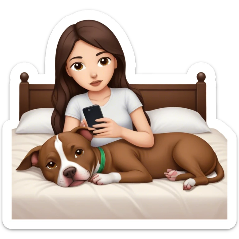 Girl long dark brown hair lays on her bed with her cell phone and her brown pit bull lays guarding her sticker