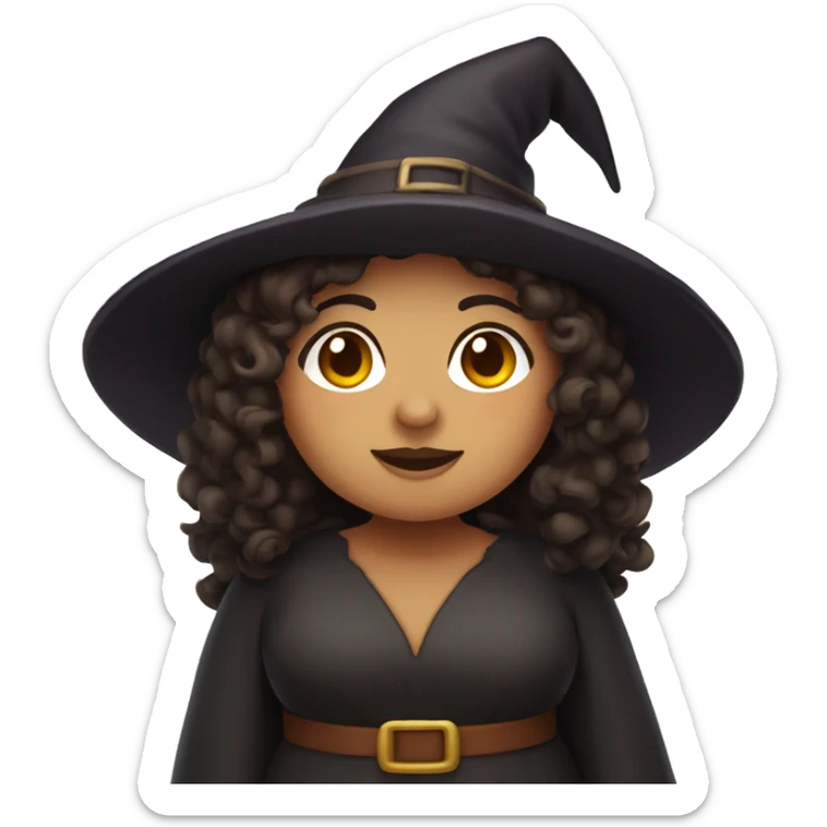 chubby hispanic witch with curly brown hair, tan skin, robes, and a witch's hat sticker