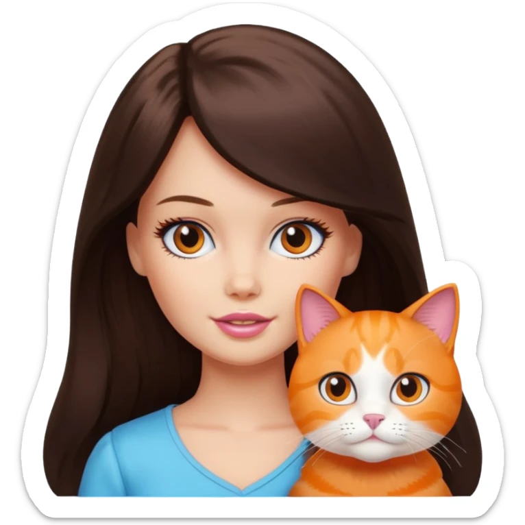 White Barbie girl dark brown long hair with British orange cat sticker