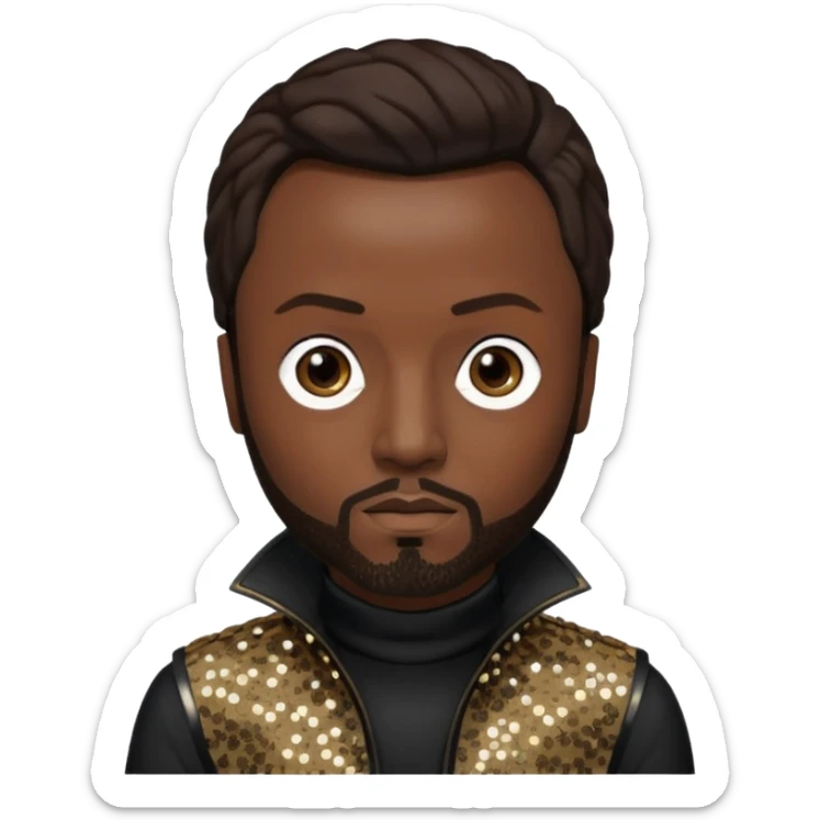 Will.i.am from Black Eyed Peas with dark brown hair, black sequin outfit  sticker