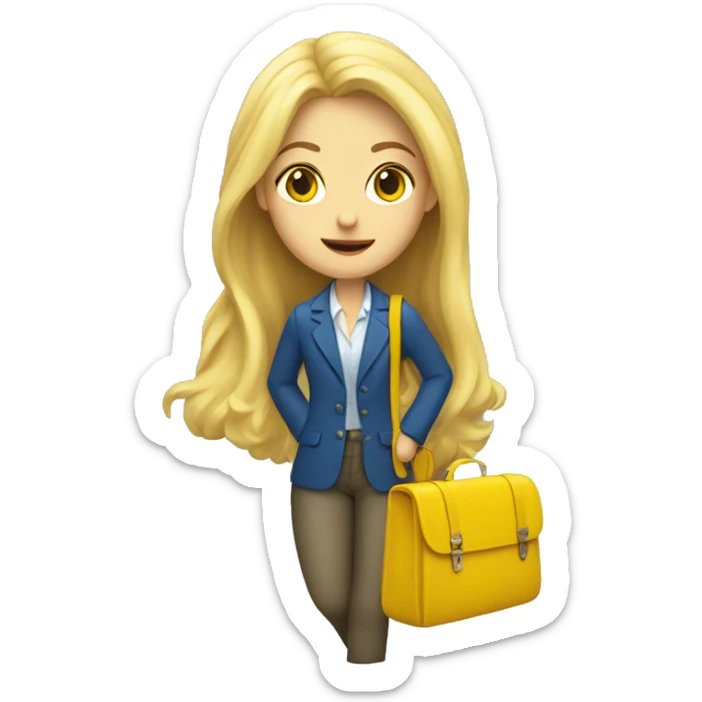 Long blond hair girl with blue blazer and yellow short scarf holding travel bag  sticker