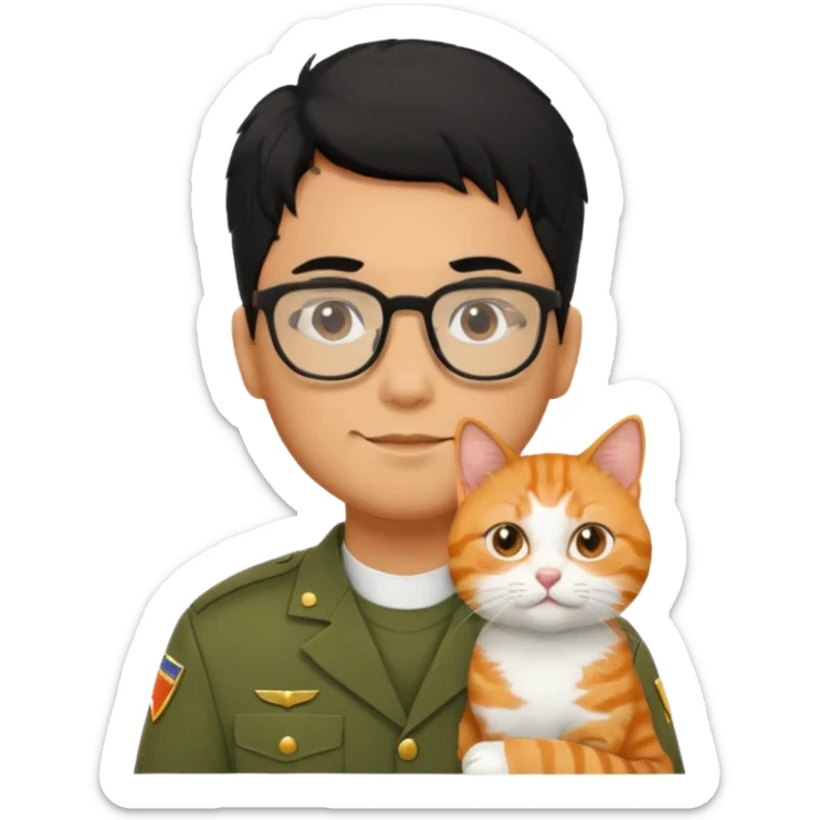 Veterinario hombre trigueño con lentes, con cabello negro, y con uniforme veterinario color verde militar cargando un gato naranja sticker