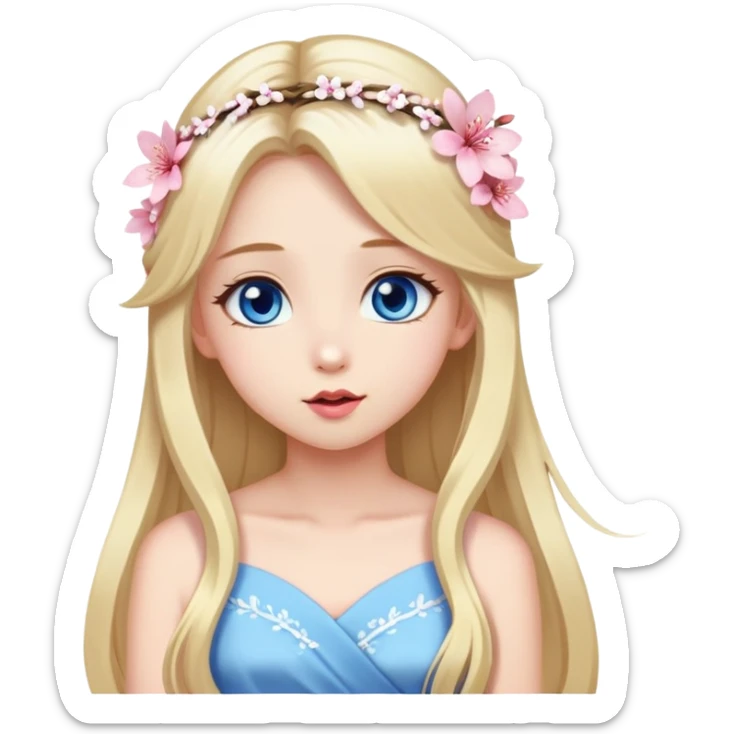 Girl with long blond hair and sakura accessories on her hair with a long tailed dress and have blue eyes beautiful finish and she sending lovely kisses  sticker