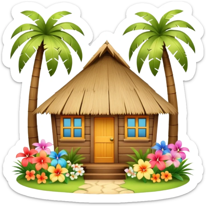Hawaiian beach house, small tropical house, wooden walls, thatched roof, colorful flowers, palm trees, cute mobile game icon, 3D cartoon, bright colors, soft shadows, clean background, no text, no watermark sticker