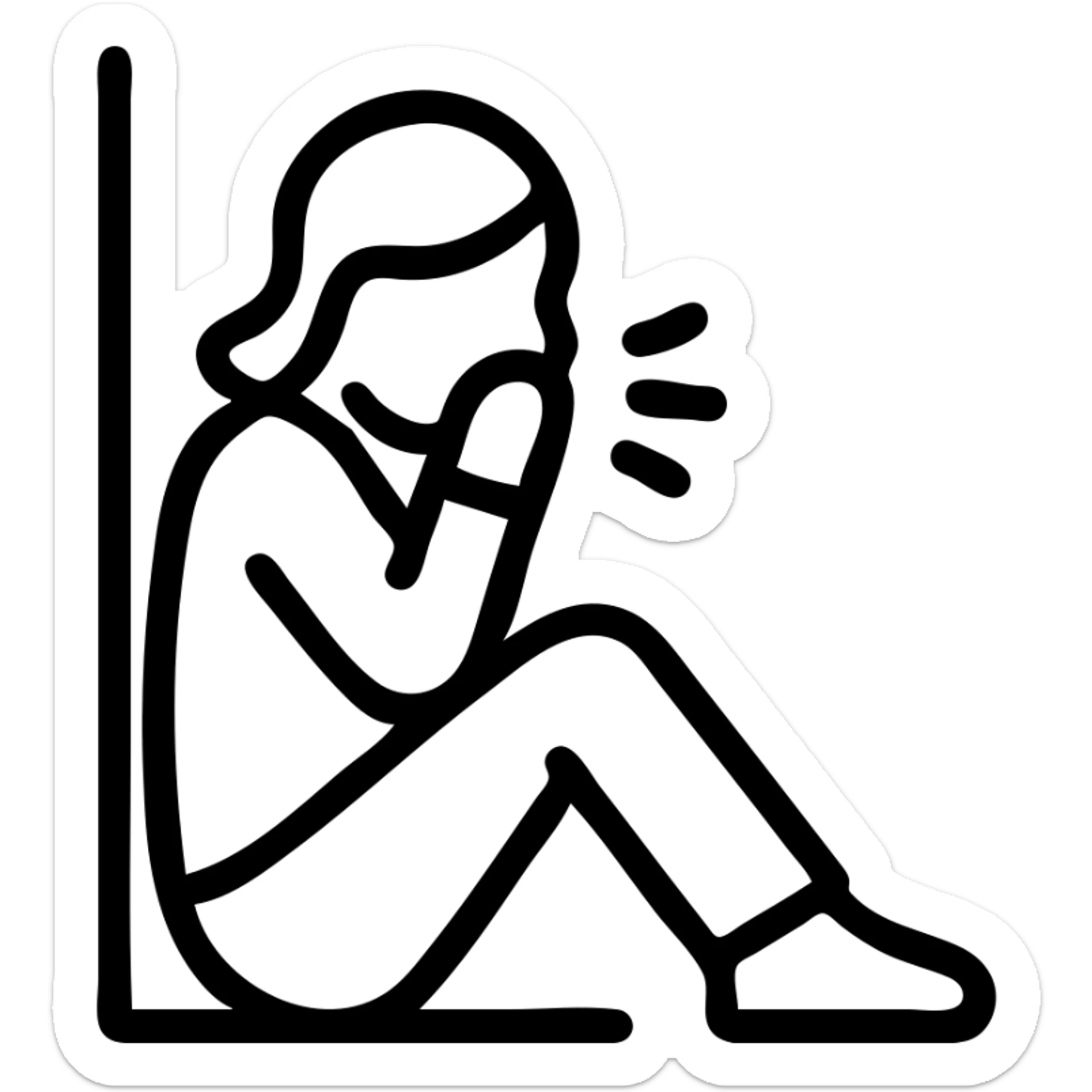flat icon style woman sitting against a wall, sick, hand covering mouth, urban background sticker