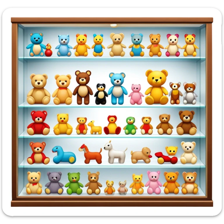 Icon for Toy Collecting: a collection of various vintage toys such as dolls, action figures, and plush animals, displayed neatly on shelves or in display cases. The icon should evoke the joy and nostalgia of collecting toys. Transparent background. sticker