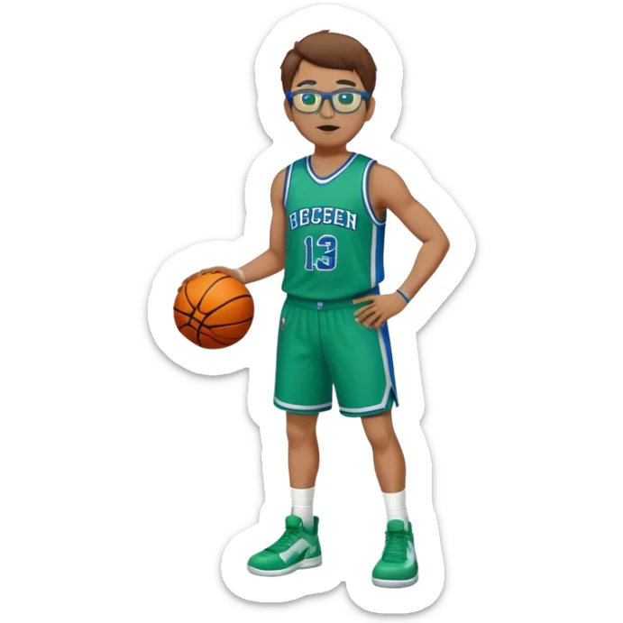 full body  white male basketball player  with brown hair wearing glasses in blue an green uniform sticker