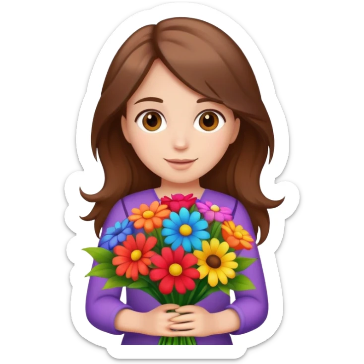 brown-haired girl holding a colorful bouquet of flowers sticker
