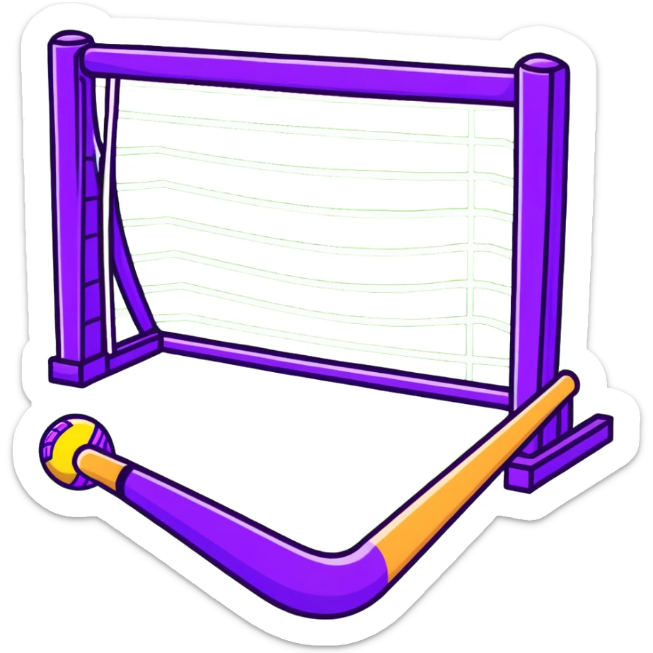field hockey stick and ball on vibrant green grass field with goalposts sticker