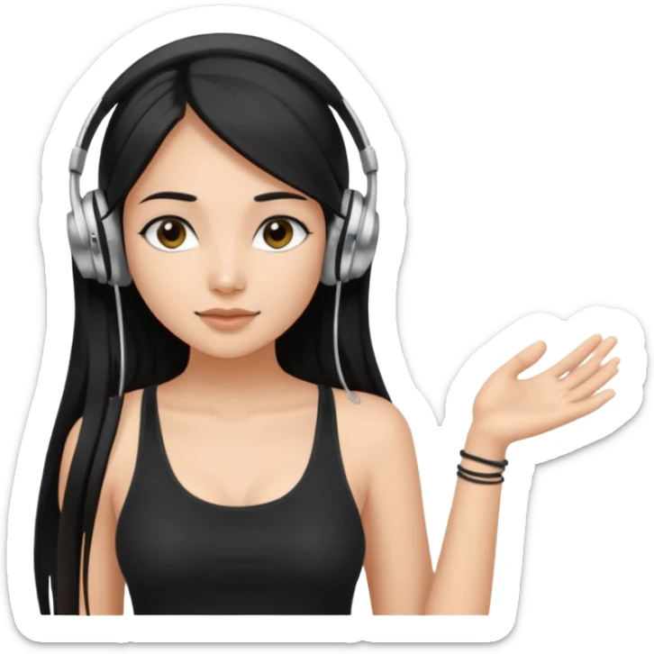 a fair INDIAN girl with straight black long hair, wearing a black cami top. and wearing silver  headphones on sticker