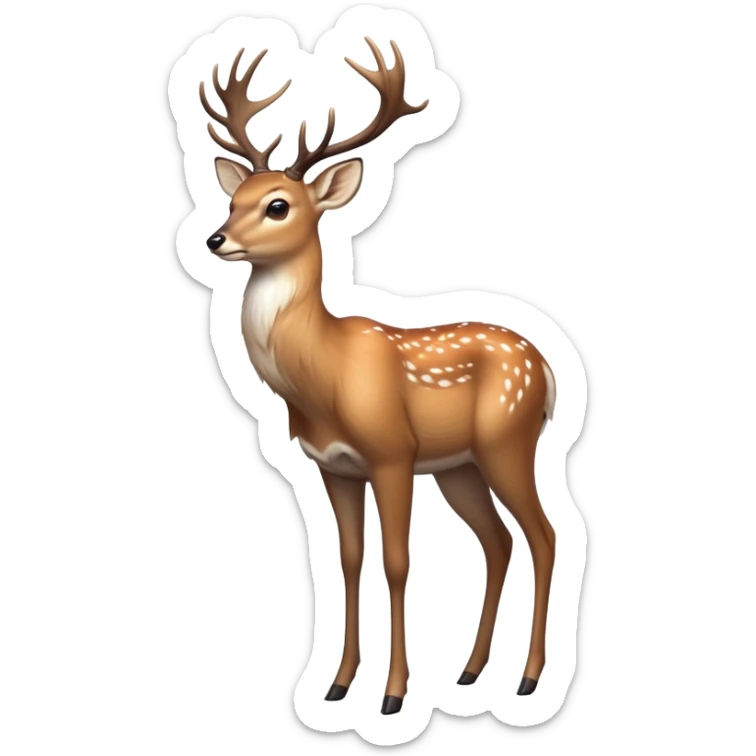cinematic-noble [deer]-realistic-full-body-standing on all fours-emoji,-tail-tucked-close,-head-tilted-dramatically,-sleek-[fawn]-fur,-simplified-yet-realistic-focused-features,-highly-detailed,-glowing-with-an-almost-sarcastic-glow big antlers sticker