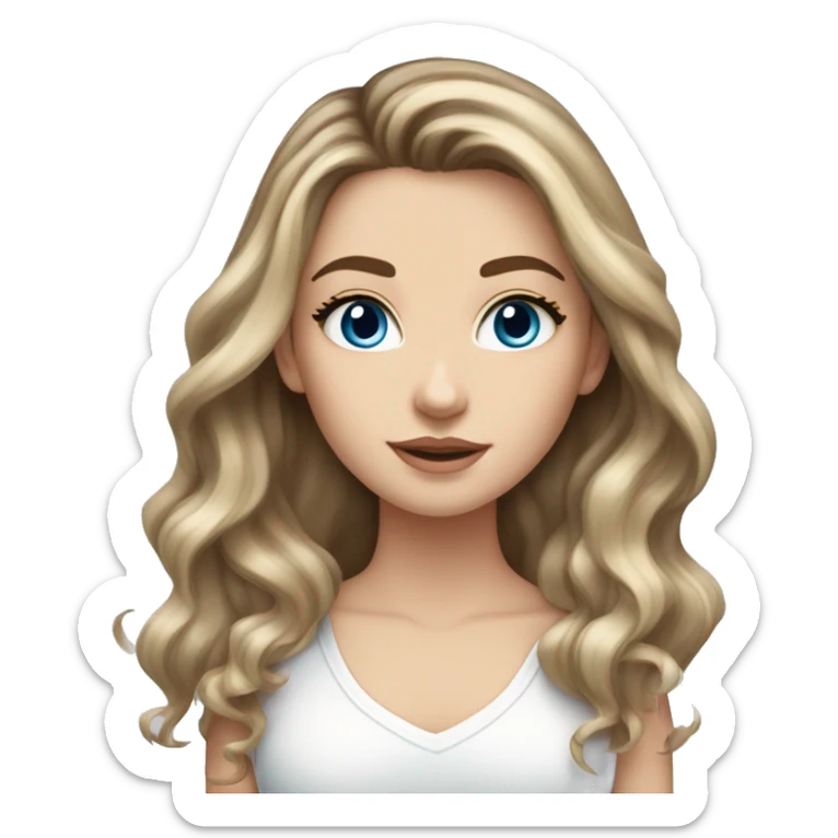 White girl with long voluminous brown hair with blonde highlights balayage and blue eyes sticker
