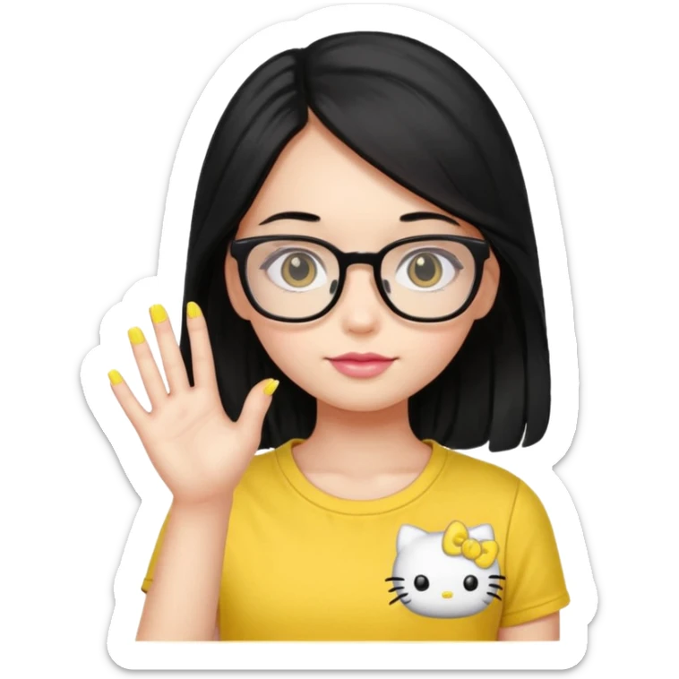 Nails cute with hello kitty wear glasses black long  hair wear, yellow shirt sticker