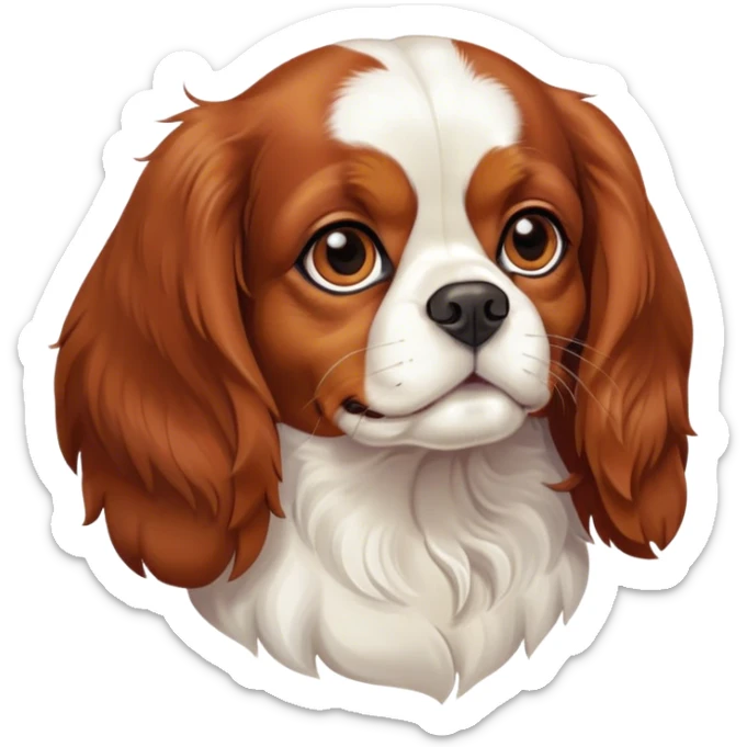 Cinematic Noble Blenheim Cavalier King Charles Spaniel Portrait Emoji, Poised and regal, with a graceful, medium build and a well-groomed Blenheim coat featuring rich chestnut and white markings, soulful brown eyes, Simplified yet sharp and sophisticated features, highly detailed, glowing with a soft, dignified glow, high shine, intelligent and affectionate, stylized with an air of elegance, focused and attentive, soft glowing outline, capturing the essence of a watchful and refined companion, so majestic it feels as though it could step out of the screen with effortless authority! sticker