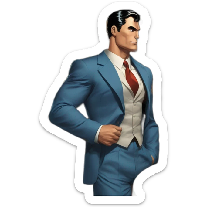 male american Superman, in a bar, wearing a suit, portrait, comic book illustration by jack kirby sticker