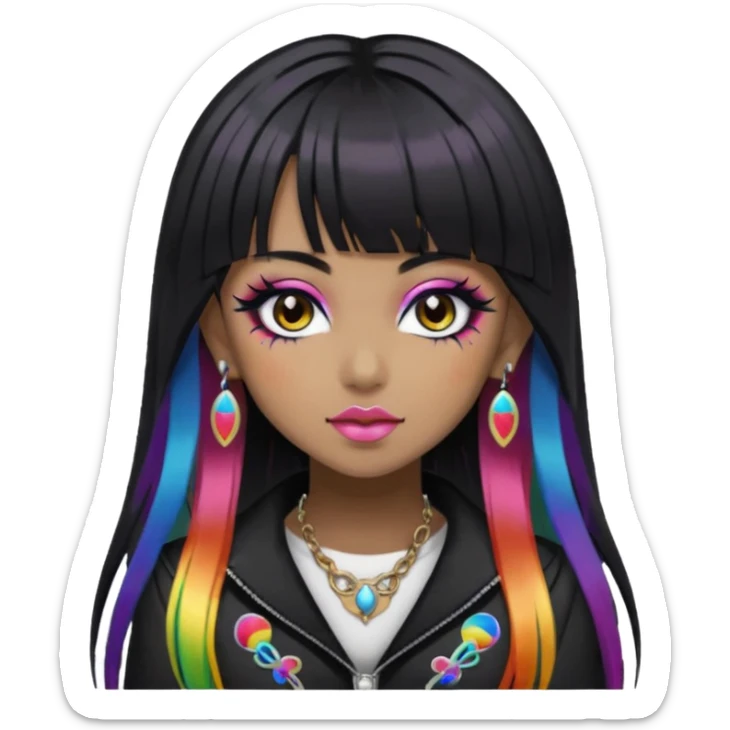 hime gyaru girl,  brown skin long black hair with rainbow fringe, tattoos, dark makeup, goth grunge clothes sticker