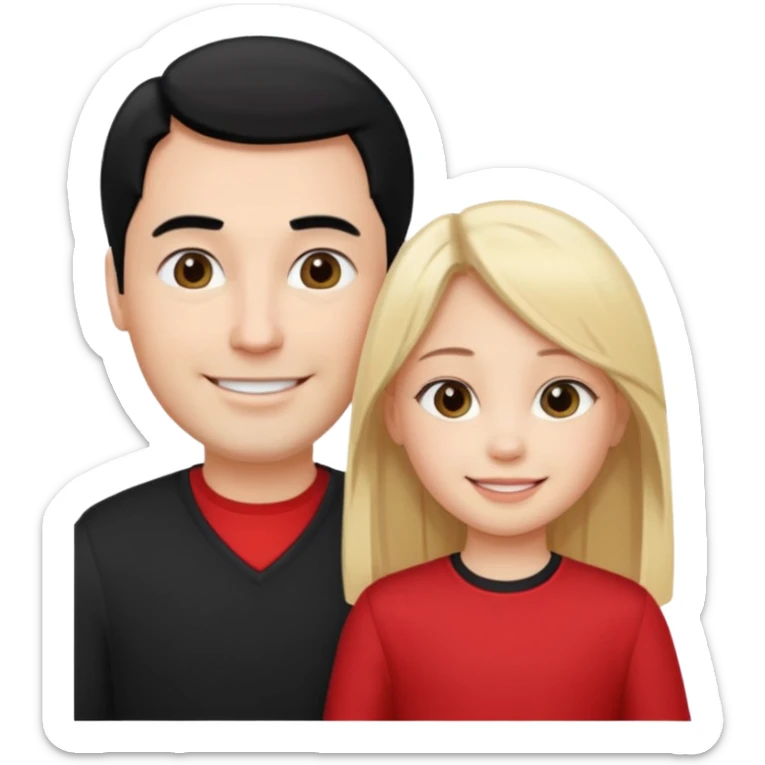 make a father and a daughter. both fair skinned. the daughter blonde, the father black haired. both straight haired. they are happy. wearing a black and red clothes. sticker
