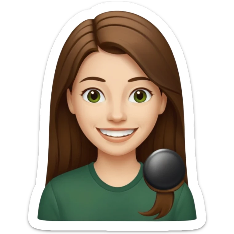 30 yr Caucasian woman long brown straight hair parted on side dark green shirt big smile white teeth sticker