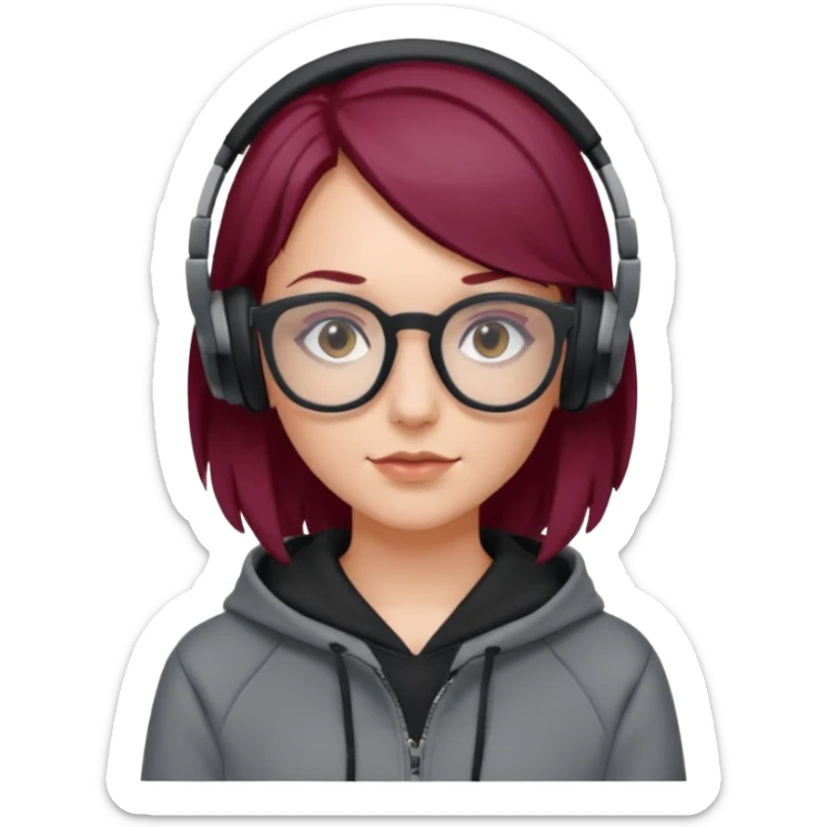 white girl with burgundy hair, gray rectangle glasses, black deportive hoodie and black headphones sticker