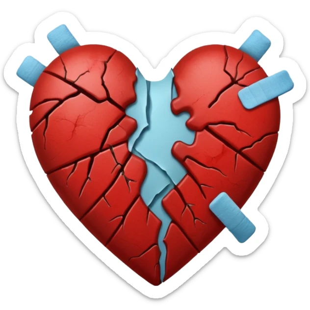 Un corazón roto con grietas  sangrando y expulsando sangre rodeado de vendas y tiritas que se despegan sin hacer efecto SIN CARA sticker