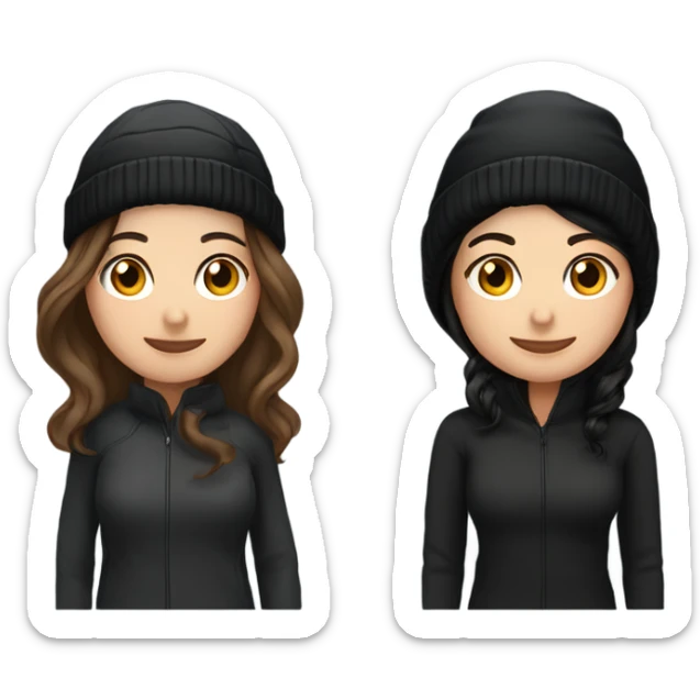 2 womenbest friend, one of them is brown  wavy hair in black winter cap, and the other one is black straight hair and black winter cap sticker