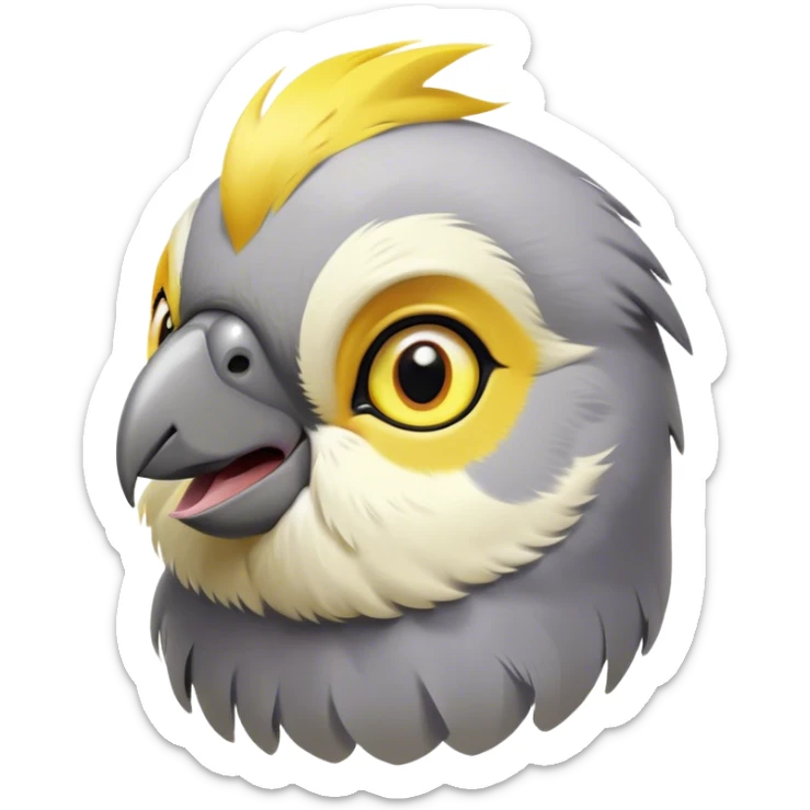 Cinematic Cute Cockatiel Portrait Emoji, Head tilted playfully and inquisitively, featuring a smooth grey fur with bright yellow accents and a perky crest, round, sparkling dark eyes filled with curiosity, Simplified yet irresistibly adorable features, highly detailed, glowing with a warm, friendly glow, high shine, affectionate and lively, stylized with a touch of whimsy, bright and endearing, soft glowing outline, capturing the essence of a mischievous yet loving cockatiel, so playful it feels like it could chirp out of the screen and into your arms! sticker