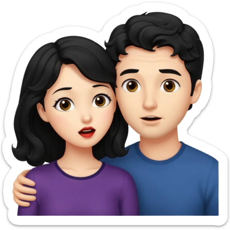 a handsome man with black short wavy hair tries to kiss a cute woman who has long black hair sticker