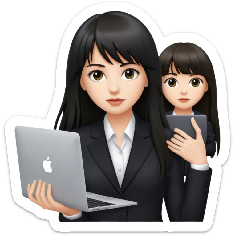 Beautiful white girl, with dark very long hair with bang, wearing black suit with MacBook  sticker
