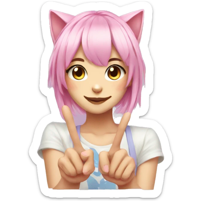 Anime cat girl face pink hair with peace sign fingers sticker