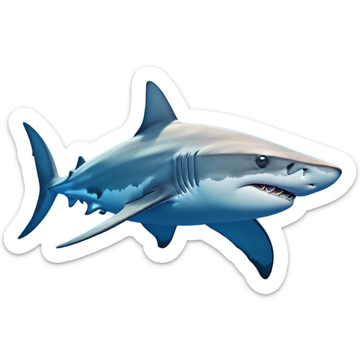 Cinematic Noble Hammerhead Shark Portrait Emoji, Poised and regal, with a broad, flattened hammer-shaped head, wide-set eyes, and a streamlined, powerful body gliding through deep blue waters, Simplified yet sharp and sophisticated features, highly detailed, glowing with a cool, oceanic luminescence, high shine, intelligent and commanding, stylized with an air of marine authority, focused and vigilant, soft glowing outline, capturing the essence of a watchful and confident predator that appears ready to glide out of the screen with effortless power! sticker