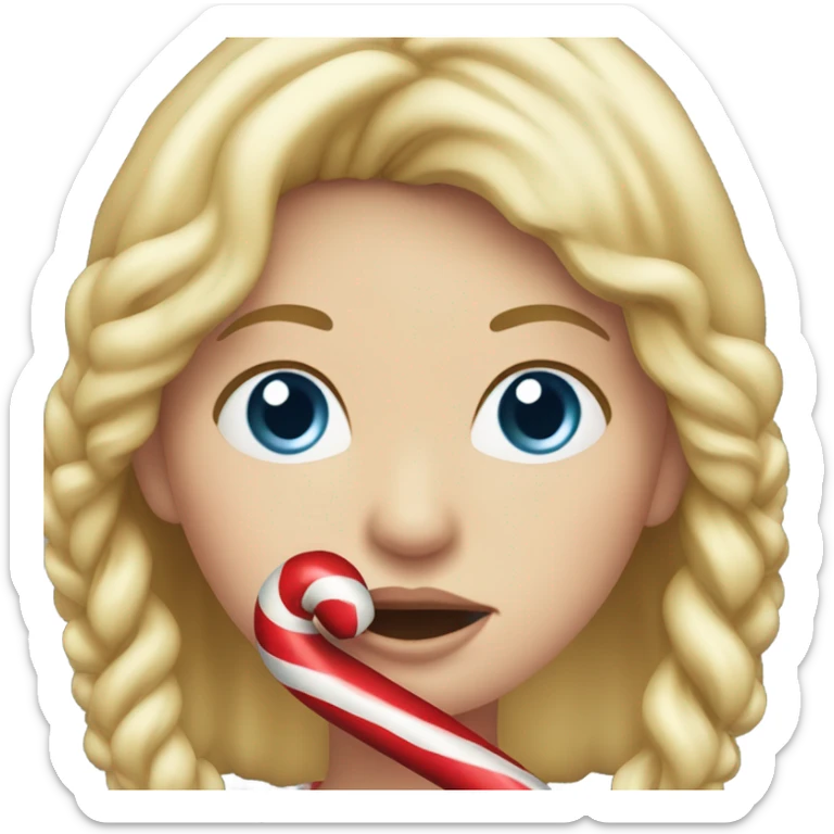 Blonde girl with a candy cane in her mouth coming close to the screen sticker