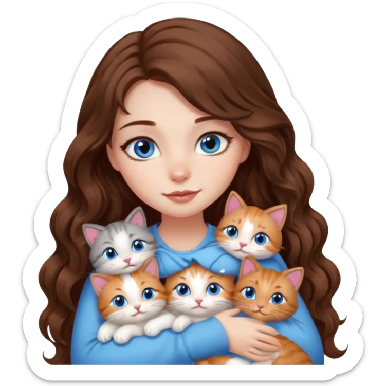 girl with long wavy brown hair, blue eyes, long lashes makeup, cuddling with 6 cute cats sticker