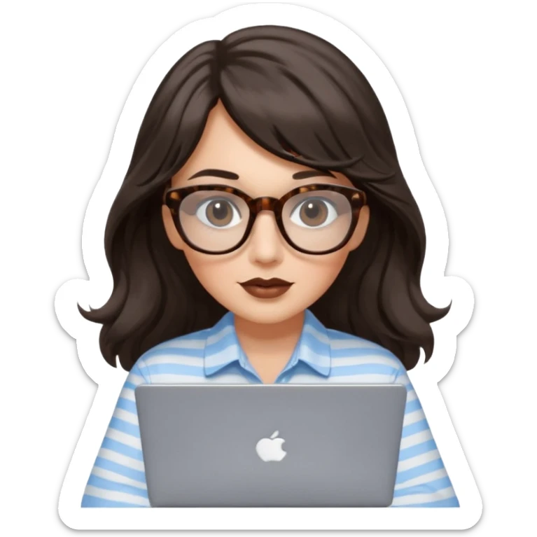A white woman with long wavy dark brown hair and a whispy bang, wearing thick tortoise SQUARE glasses. She has long lashes and a nude browny glossy lipstick. She's wearing an oversize light blue shirt with white strips. She's working on a laptop sticker