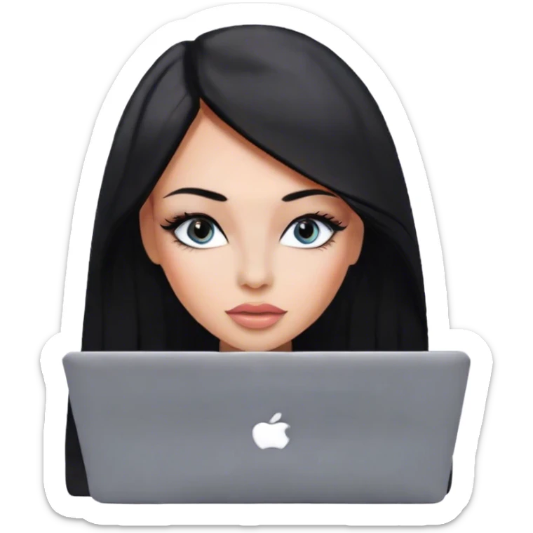 Glamours, tanned, very beautiful girl, with big pump peach-beige-rose lips, eyeliner, long long lashes, black straight smooth silky long hair, straight parting hair, blue-grey eyes with macbook sticker
