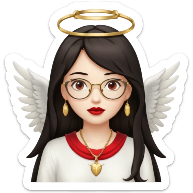 Angel girl with eyeglasses and long dark hair with red lipstick  and push gold necklaces and dark eyes with withe wings sticker