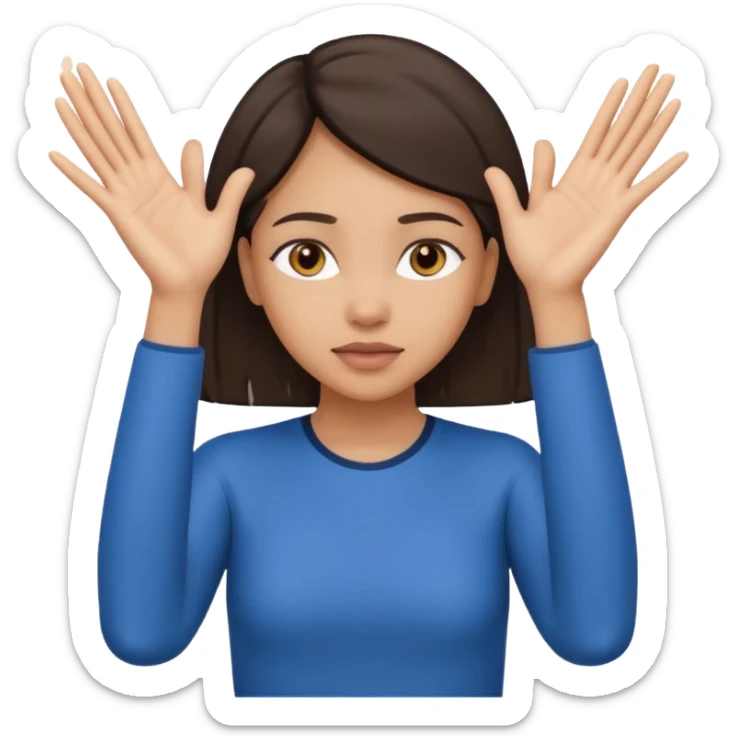 Nervous emoji + hands up emoji. Remove flow effects at the very top the of the hands palm forward so the head can be between the hands. Lightskin girl emoji sticker
